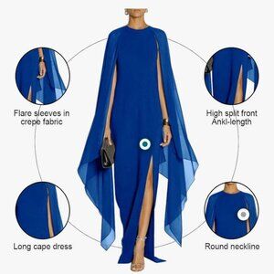 Royal blue gown with long cape sleeves